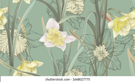 Floral seamless pattern, daffodil flowers with leaves on green svg