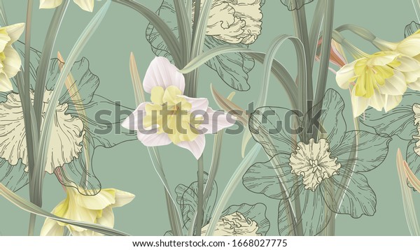 Floral seamless pattern, daffodil flowers with\
leaves on green