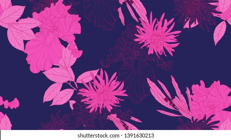 Floral seamless pattern, daffodil, iris and chrysanthemum morifolium flowers with leaves in pink line art ink drawing on dark purple