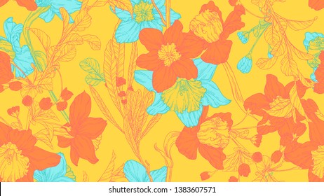 Floral seamless pattern, daffodil, sakura and leaves in orange and blue line art ink drawing on yellow