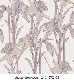 Floral seamless pattern, daffodils flowers. Elegant floral hand drawn outline design for textile, fabric, package, wallpaper, poster.