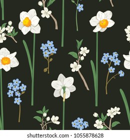 Floral seamless pattern. Daffodils, forget me not flowers and sakura. Vector illustration.