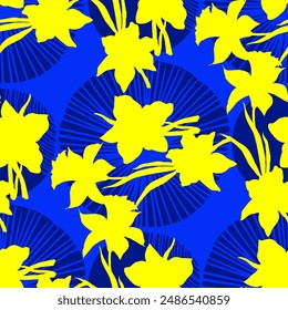 Floral seamless pattern, daffodils and Narcissus flowers. Elegant floral hand drawn outline design for textile, fabric, package, wallpaper, poster.