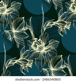 Floral seamless pattern, daffodils and Narcissus flowers. Elegant floral hand drawn outline design for textile, fabric, package, wallpaper, poster.