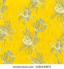 Floral seamless pattern, daffodils and Narcissus flowers. Elegant floral hand drawn outline design for textile, fabric, package, wallpaper, poster.