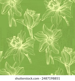 Floral seamless pattern, daffodils and Narcissus flowers. Elegant floral hand drawn outline design for textile, fabric, package, wallpaper, poster.