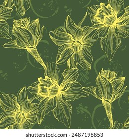 Patrón floral sin costuras, narcisos y flores de Narciso. Elegante diseño de contorno dibujado a mano floral para textil, tela, paquete, Fondo de pantalla, póster.