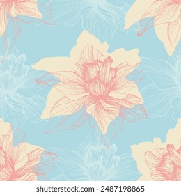 Floral seamless pattern, daffodils and Narcissus flowers. Elegant floral hand drawn outline design for textile, fabric, package, wallpaper, poster.