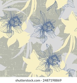 Floral seamless pattern, daffodils and Narcissus flowers. Elegant floral hand drawn outline design for textile, fabric, package, wallpaper, poster.