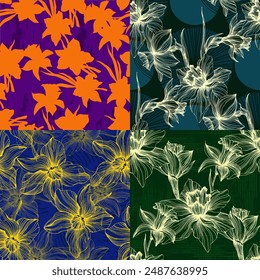 Patrón floral sin costuras, narcisos y flores de Narciso. Elegante diseño de contorno dibujado a mano floral para textil, tela, paquete, Fondo de pantalla, póster.