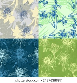 Floral seamless pattern, daffodils and Narcissus flowers. Elegant floral hand drawn outline design for textile, fabric, package, wallpaper, poster.