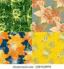 Floral seamless pattern, daffodils and Narcissus flowers. Elegant floral hand drawn outline design for textile, fabric, package, wallpaper, poster.