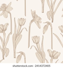 Floral seamless pattern, daffodils and tulips flowers. Elegant floral hand drawn outline design for textile, fabric, package, wallpaper, poster.