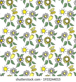 Floral seamless pattern. Daisies, butterflies and the sun doodles are a wonderful background for textiles, prints and digital paper. For creativity, a floral seamless pattern is the best option. 