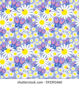 Floral seamless pattern with a daisies and butterflies.