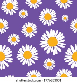 Floral seamless pattern with daisies flowers. Vector purple background.