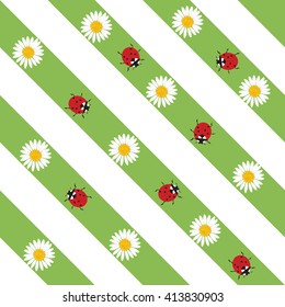 Floral seamless pattern with daisies flowers and ladybugs on green strips. Vector illustration.
