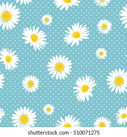 Floral seamless pattern with daisies flowers and dots. Vector background.