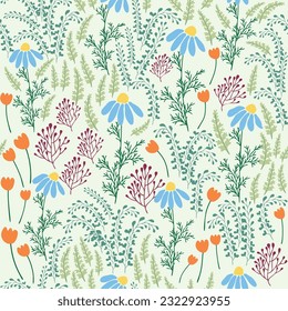 Floral seamless pattern. Daisies, lilies of the valley, clover, tulips, peonies, Caps lla b rsa-past ris, herbs. Print with small bright flowers, spring bouquet