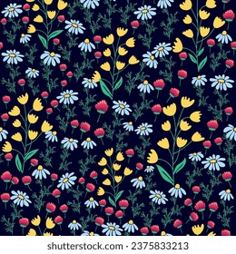 Floral seamless pattern. Daisies, lilies of the valley, clover, tulips, peonies, Caps lla b rsa-past ris, herbs. Print with small bright flowers, spring bouquet