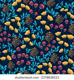 Floral seamless pattern. Daisies, lilies of the valley, clover, tulips, peonies, Caps lla b rsa-past ris, herbs. Print with small bright flowers, spring bouquet