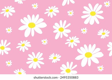 Nahtloses Blumenmuster mit Gänseblümchen auf rosa Hintergrund, botanische Stoffdruck-Vorlage.