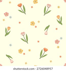 Floral seamless pattern with daisies and pink flower on bright backgrounds vector. Cute nature print design with tulips