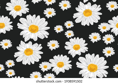 Floral seamless pattern with daisy chamomile flowers on black background.