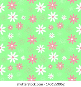 Floral seamless pattern with daisy flowers. Green background. Vector 