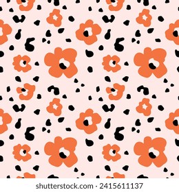 Floral seamless pattern with daisy and   leopard spots. Flower spring print in flat style and pastel color