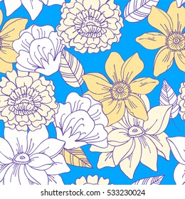 Floral seamless pattern with daisy, lilly, chrysanthemum graphic flowers on blue background. For textile, book covers, manufacturing, fabric, cloth design, wallpapers, print