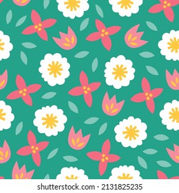 Floral seamless pattern with daisy, tulips, leaves on green background. Perfect for spring and summer greeting cards, textile, texture. Scandinavian style