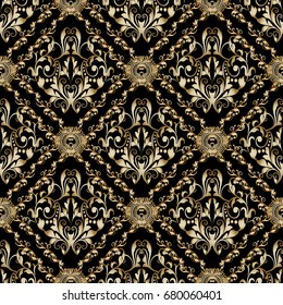 Floral seamless pattern. Damask background wallpaper illustration with vintage gold  flowers, leaves, frames. greek key circles and antique Baroque ornaments. Vector  damask baroque 3d texture.