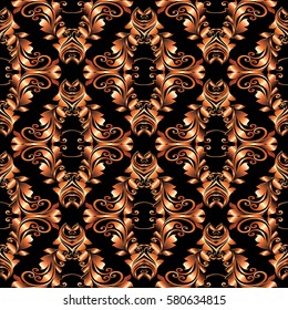 Floral seamless  pattern. Damask black background  with vintage gold 3d  baroque ornaments, antique  leaves and flowers in Victorian style. Vector luxury royal texture for wallpapers, textile, fabric