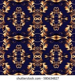 Floral seamless  pattern. Damask blue  background  with  vintage gold 3d  baroque ornaments, antique  leaves and flowers in Victorian style.  Vector luxury texture for wallpapers, textile, fabric