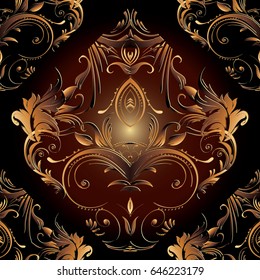 Floral seamless pattern. Damask dark background wallpaper illustration with vintage antique flowers, swirl curve leaves and antique gold 3d ornaments in Baroque Victorian style. Vector fabric texture.