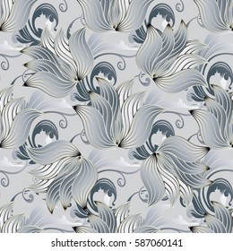 Floral seamless pattern. Damask ornaments. Modern flourish baroque  background wallpaper with vintage 3d white lotus flowers and antique scroll swirl leaves in Victorian style. Vector light texture.