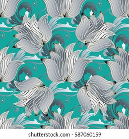 Floral seamless pattern. Damask ornaments. Modern flourish baroque  background wallpaper with vintage 3d white lotus flowers and antique scroll swirl leaves in Victorian style. Vector luxury texture.