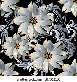 Floral Seamless Pattern. Damask Ornaments. Modern Flourish Baroque  Background Wallpaper With Vintage 3d White  Flowers And Antique Scroll Swirl Leaves In Victorian Style. Vector Surface Texture.