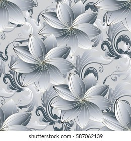 Floral seamless pattern. Damask ornaments. Modern flourish baroque  background wallpaper with vintage 3d white  flowers and antique scroll swirl leaves in Victorian style. Vector surface texture.