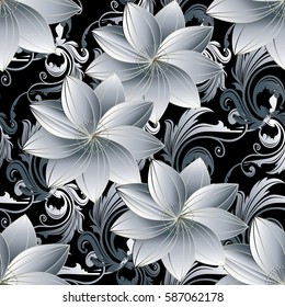 Floral seamless pattern. Damask ornaments. Modern flourish baroque  background wallpaper with vintage 3d white  flowers and antique scroll swirl leaves in Victorian style. Vector surface texture.