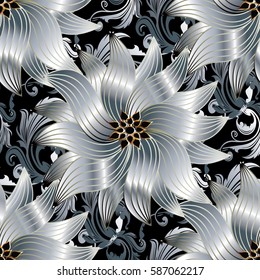 Floral seamless pattern. Damask ornaments. Modern flourish baroque  background wallpaper with vintage 3d white  flowers and antique scroll swirl leaves in Victorian style. Vector surface texture.