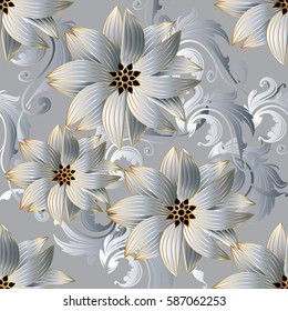 Floral Seamless Pattern. Damask Ornaments. Modern Flourish Baroque  Background Wallpaper With Vintage 3d White  Flowers And Antique Scroll Swirl Leaves In Victorian Style. Vector Surface Texture.