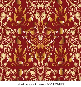 Floral seamless pattern. Damask red  background wallpaper illustration with vintage gold paisley flowers, swirl leaves and antique ornaments in Baroque style. Vector flourish texture for fabric