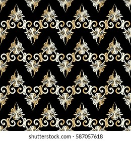 Floral seamless pattern. Damask wallpaper illustration with gold vintage flowers, leaves and antique baroque  ornaments on the black  background. Luxury vector texture for textile, fabric.