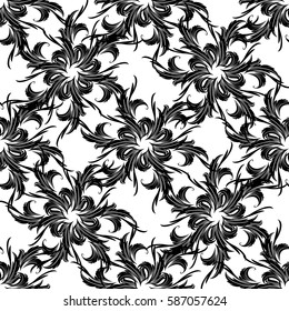 Floral seamless pattern. Damask wallpaper illustration with black vintage flowers, leaves and antique baroque  ornaments on the white background. Luxury vector isolated  texture for textile, fabric.