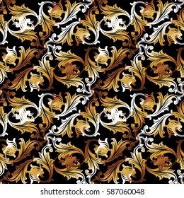 Floral seamless pattern. Damask wallpaper illustration with gold vintage flowers, leaves and antique baroque  ornaments on the black  background. Luxury vector texture for textile, fabric.