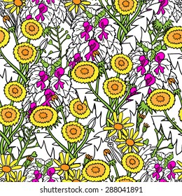 Floral seamless pattern with dandelions and lilac flowers
