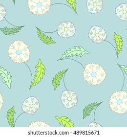 Floral seamless pattern with dandelions on cyan background
