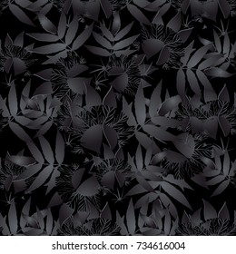 Floral seamless pattern. Dark black leafy background. Modern wallpaper. Black 3d tree leaves, branches, abstract night forest and elegant foliage ornaments. Vector surface plants texture for design.